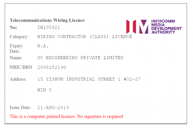 Telecommunication Wiring Licence – SC Engineering Pte Ltd